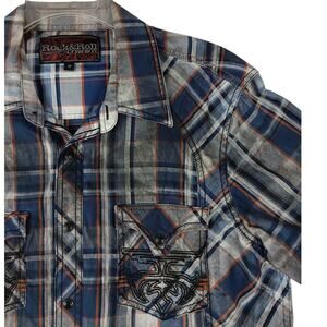 Rock & Roll Cowboy Western Shirt Mens M Smoke Plaid Blue Pearl‎ Snap Embroidered